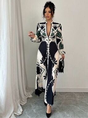 Long Sleeve Black & White Printed Maxi Dress with Green Accents